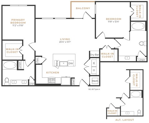 Floor plan for 2 beds, 2 baths, 1263 sqft